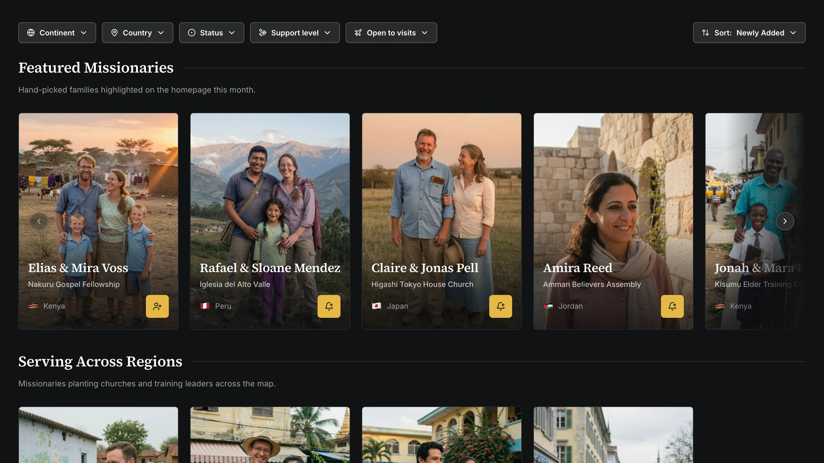 Directory home: a hero carousel rotating through mission regions, six filter controls (continent, country, status, support level, open to visits, sort), and a row of featured missionaries.