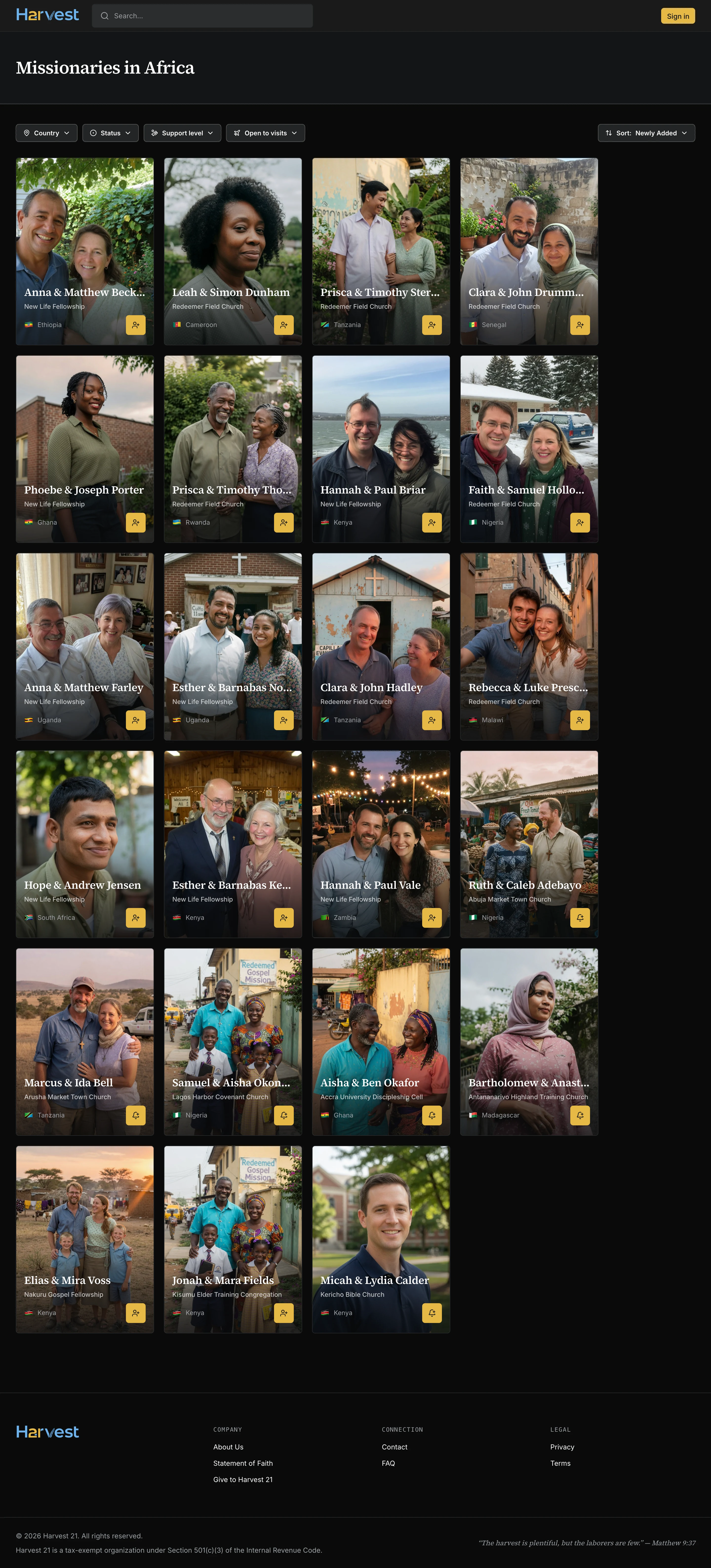 Missionaries browsed by region — discovering workers by continent and country.
