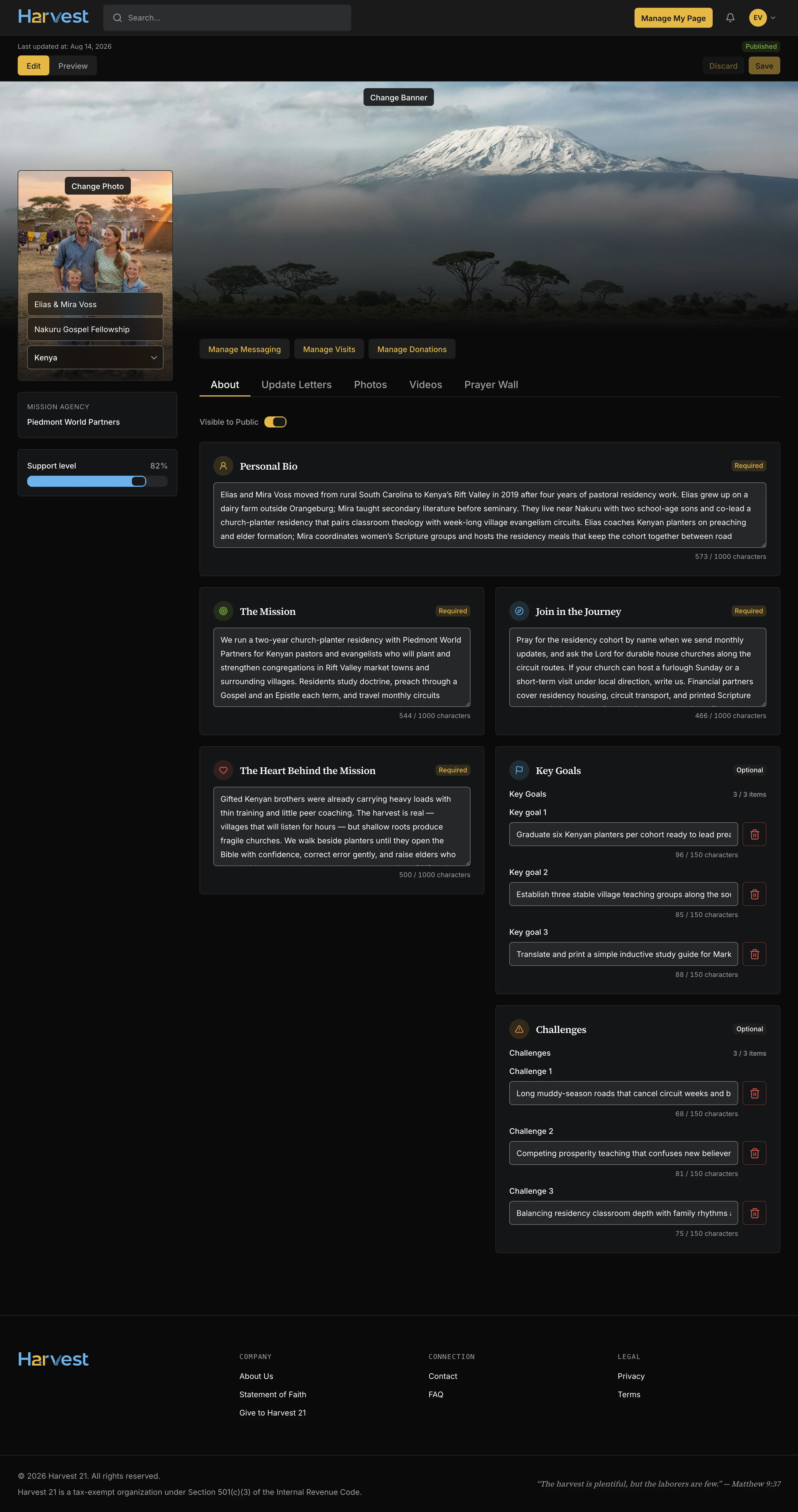 The Missionary page editor: Manage Visits, Manage Donations, and Manage Messaging controls, a support-level indicator, and a public visibility toggle.