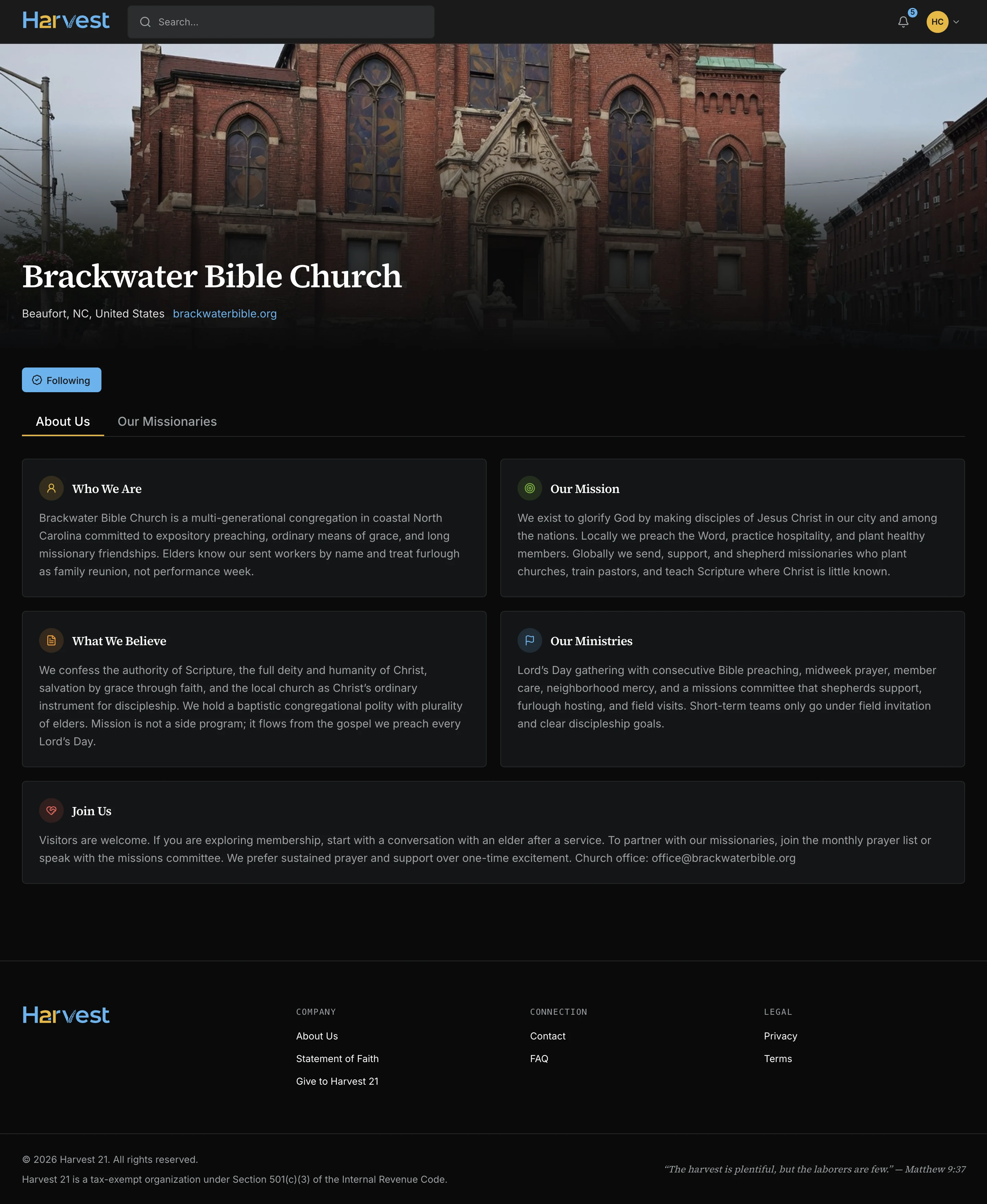 The Church page for Brackwater Bible Church, viewed by a signed-in Church leader with Manage My Page access.