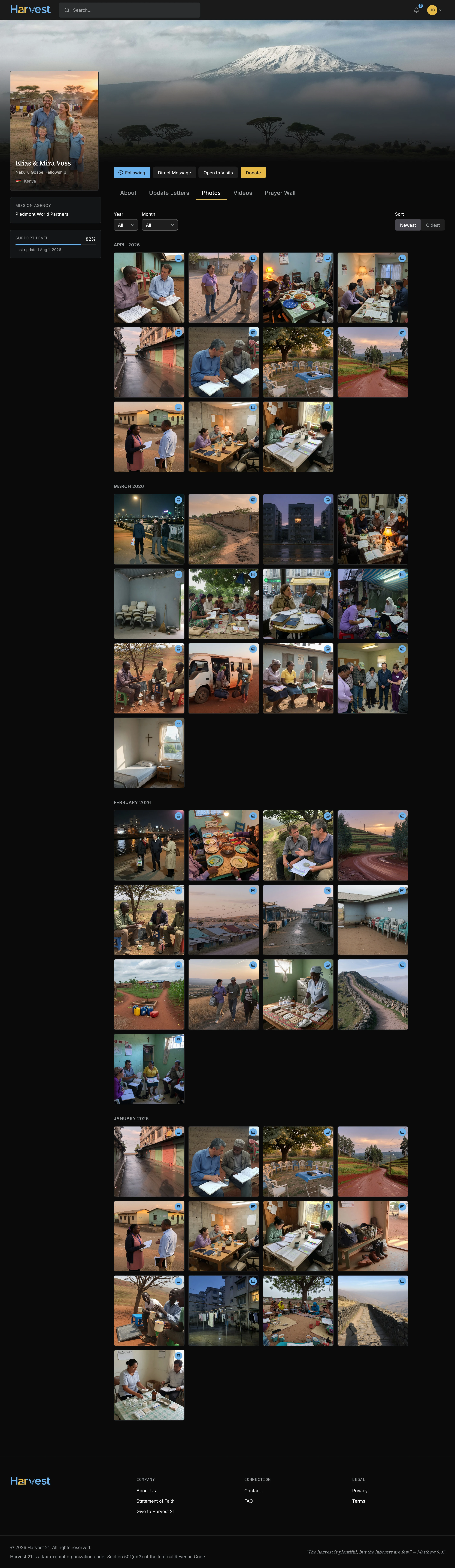 A followed Missionary's Photos tab: a gallery of images, filterable by year and month.