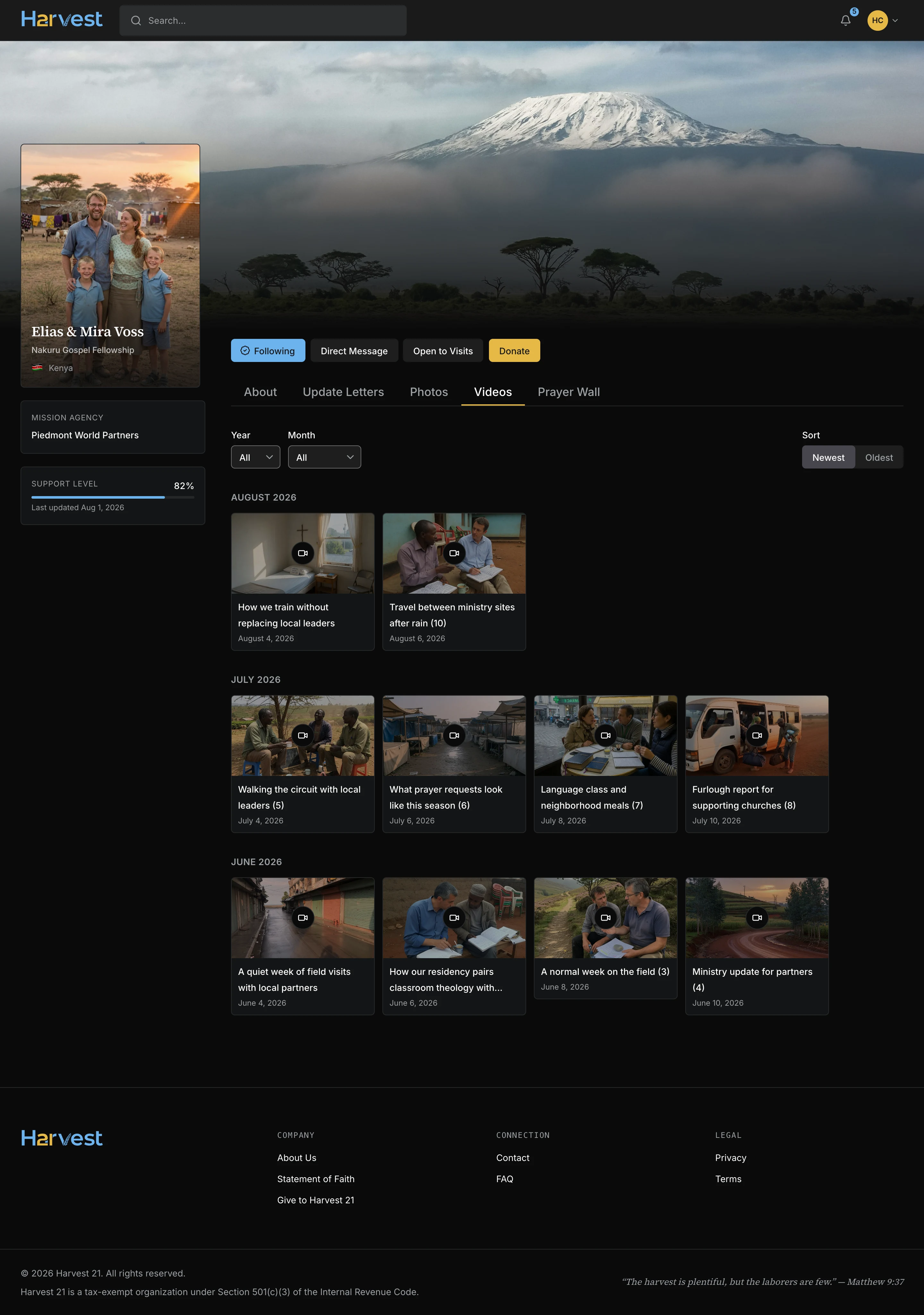 A followed missionary's Videos tab — real footage from the field.